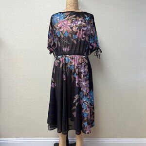 EUC Vintage Lady Blair Sheer Floral Striped Boatneck Batwing Midi Dress Large